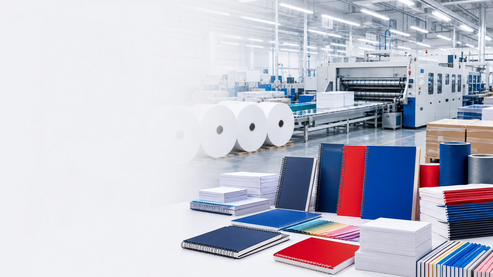 Defter, kağıt ve üretim hattı görseli